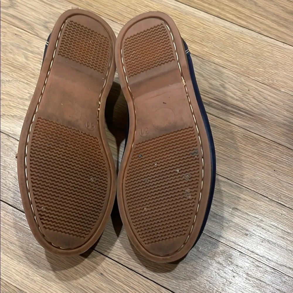 Blue Leather Kids Boat Moccasins with Tan Laces